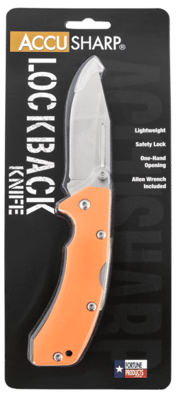 AccuSharp 712C Lockback 3" folding pocketknife with orange handle features a thumb stud